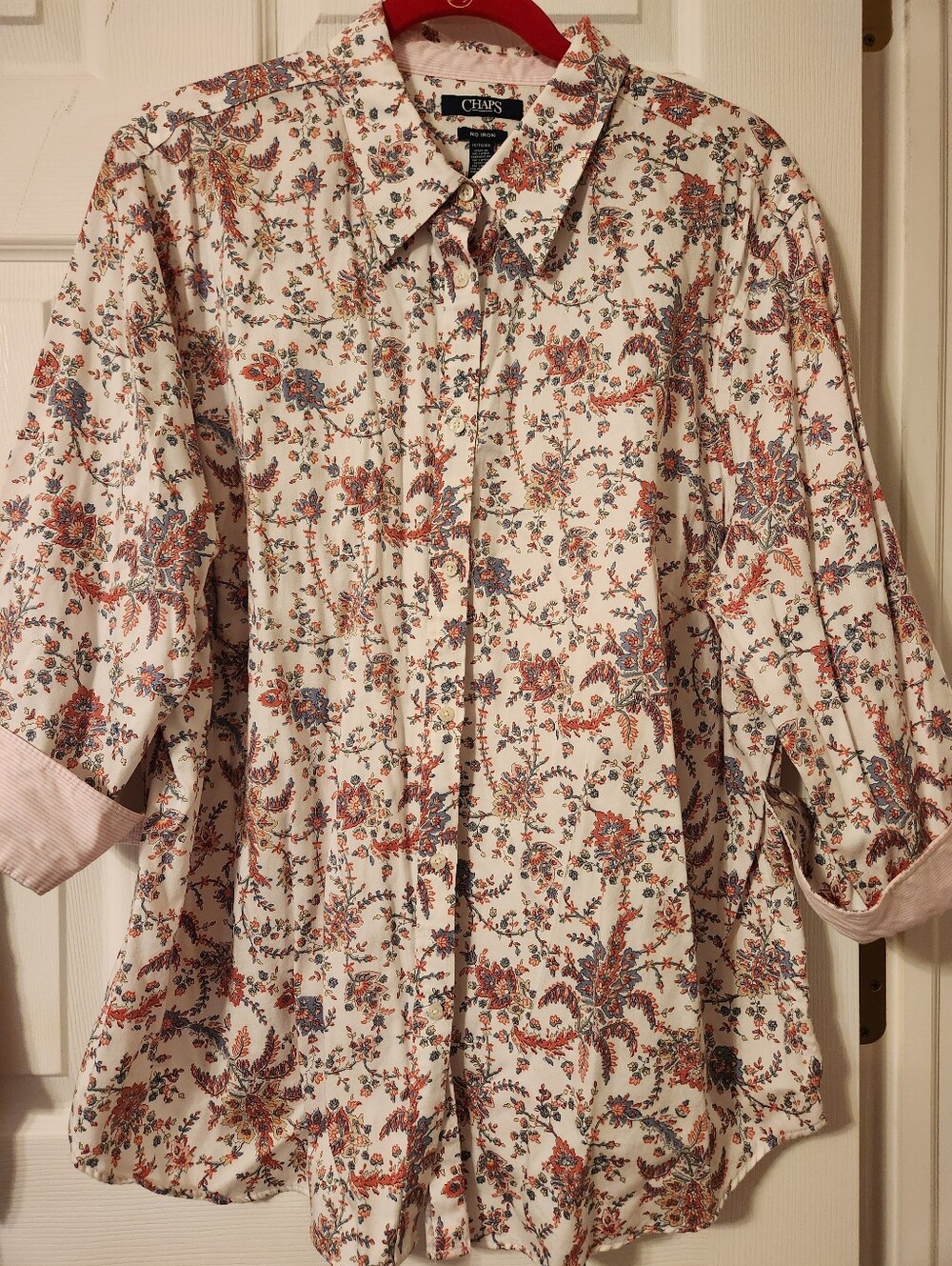 Chaps Cream Floral Button-Up Shirt with Rust & Blue Print, sz 1x